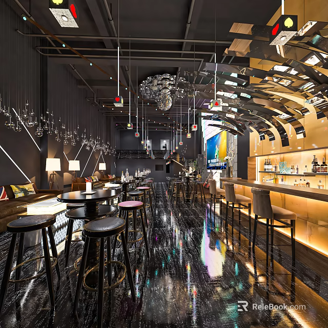 Modern Bar Interior Design With Stylish Lighting Bar Counter And High Stools Decor 3d model 