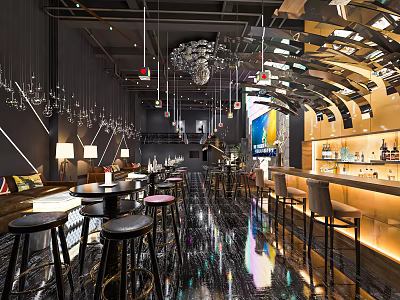 Modern Bar Interior Design With Stylish Lighting Bar Counter And High Stools Decor 3d model