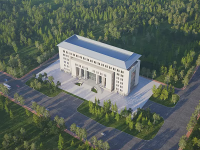 Modern Office Building With Surrounding Green Forest And Spacious Entrance Plaza 3d model