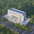 Modern Office Building With Surrounding Green Forest And Spacious Entrance Plaza