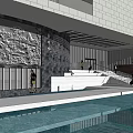 Modern Public Building Exterior With Circular Roof Water Pool Pedestrian Walkway And Greenery