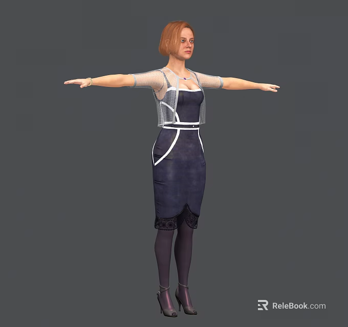 Woman With Red Hair Wearing Dark Blue Dress Sheer Shawl White Trim Arms Outstretched 3d model 