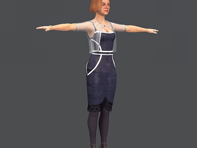 Woman With Red Hair Wearing Dark Blue Dress Sheer Shawl White Trim Arms Outstretched 3d model