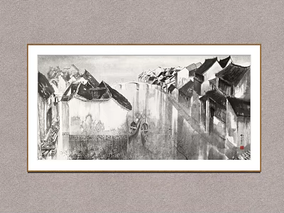 Traditional Chinese Ink Wash Landscape Painting with Black Tiles White Walls and Water Reflections 3d model