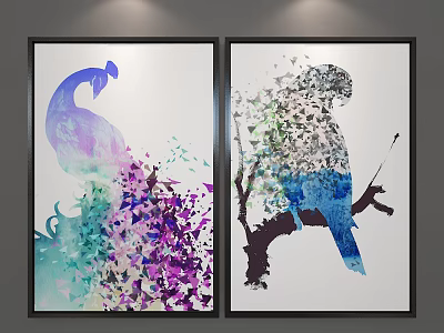 Abstract Paintings Featuring Vibrant Peacock and Parrot with Colorful Ink Splatter 3d model