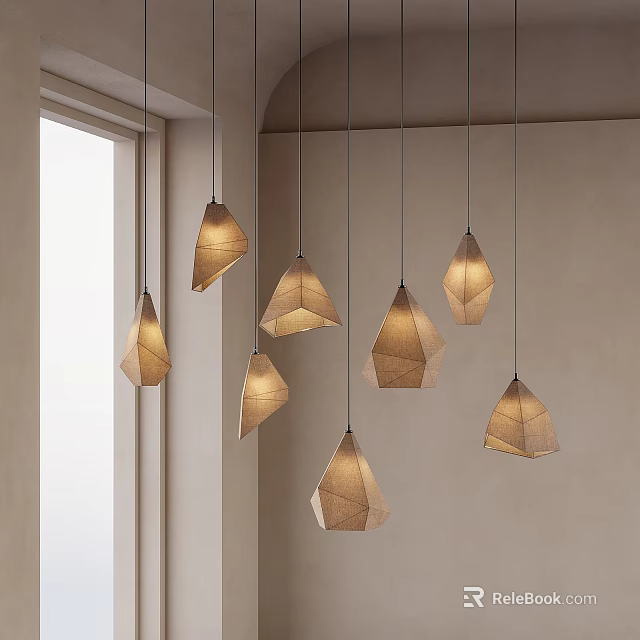 Modern Geometric Pendant Lights in Beige Linen Shade for Minimalist Room with Soft Lighting 3d model 