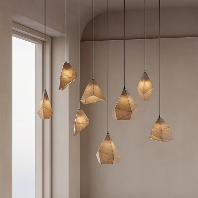 Modern Geometric Pendant Lights in Beige Linen Shade for Minimalist Room with Soft Lighting 3d model