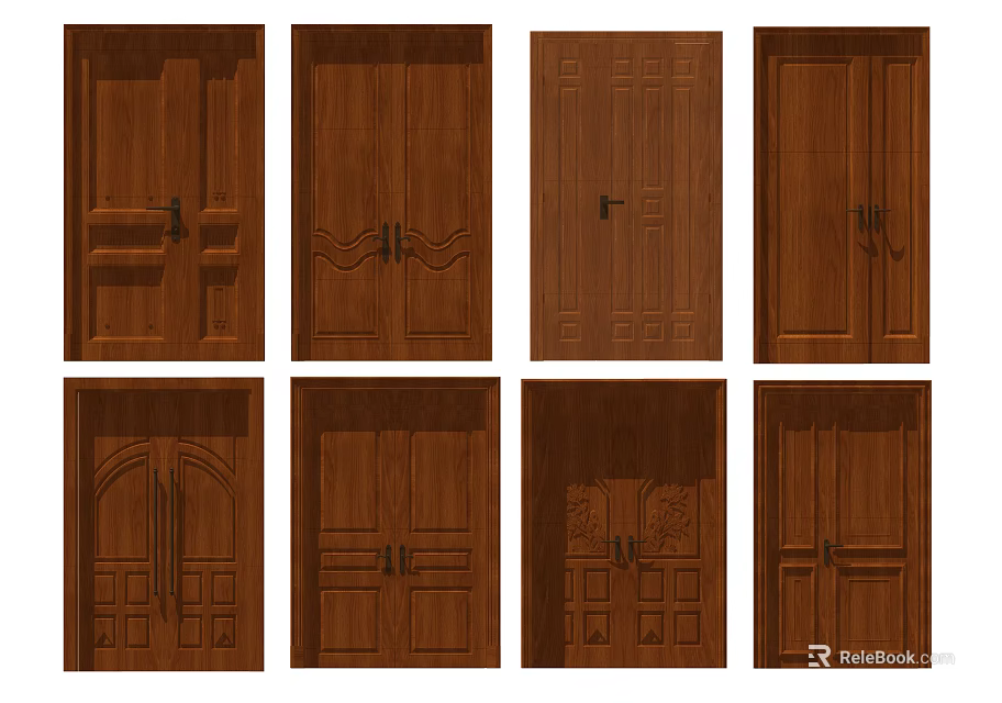 Wooden Hinged Doors With Various Designs And Single Double Panel Styles 3d model
