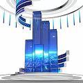 Futuristic Exhibition Island With Circular Spiral Design Blue Illuminated Lights And Modern Building Base
