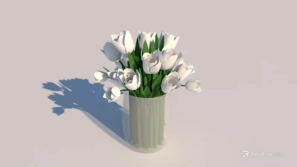 Transparent Glass Vase with White Tulips and Green Leaves on Light Background 3d model 