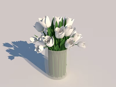 Transparent Glass Vase with White Tulips and Green Leaves on Light Background 3d model