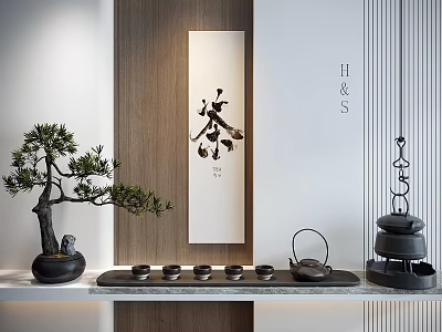 Elegant Tea Set On Wooden Shelf With Bonsai Pine Tea Calligraphy Painting Teapot And Cups 3d model