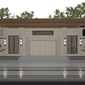 Traditional Chinese Entrance Gate With Stone Walls Wooden Details Pine Trees Steps And Lighting