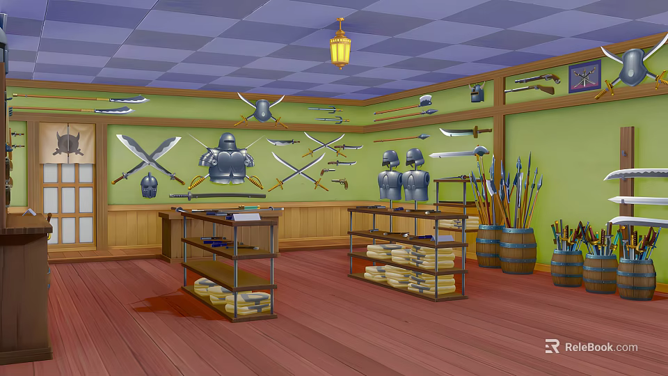 Cartoon Weapon Shop Interior With Hanging Swords Armor Spears Shelves And Barrels 3d model 