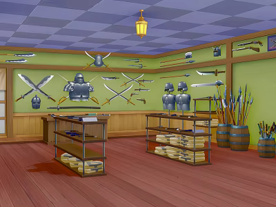 Cartoon Weapon Shop Interior With Hanging Swords Armor Spears Shelves And Barrels 3d model