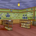 Cartoon Weapon Shop Interior With Hanging Swords Armor Spears Shelves And Barrels