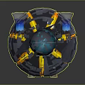Futuristic UFO Model With Blue Dome Gray Base Yellow Stripes And Side Cylindrical Structures