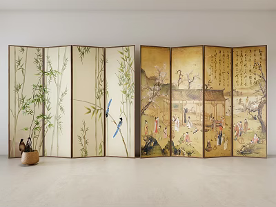 Zen New Chinese Style Decorative Screen Folding Screen Song Dynasty Aesthetic Partition Decorative Plant Ornaments 3d model