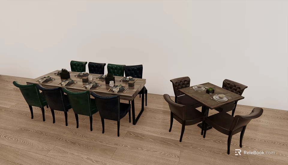Dining Table Set With Green Black Chairs And Tableware On Wooden Tabletop 3d model