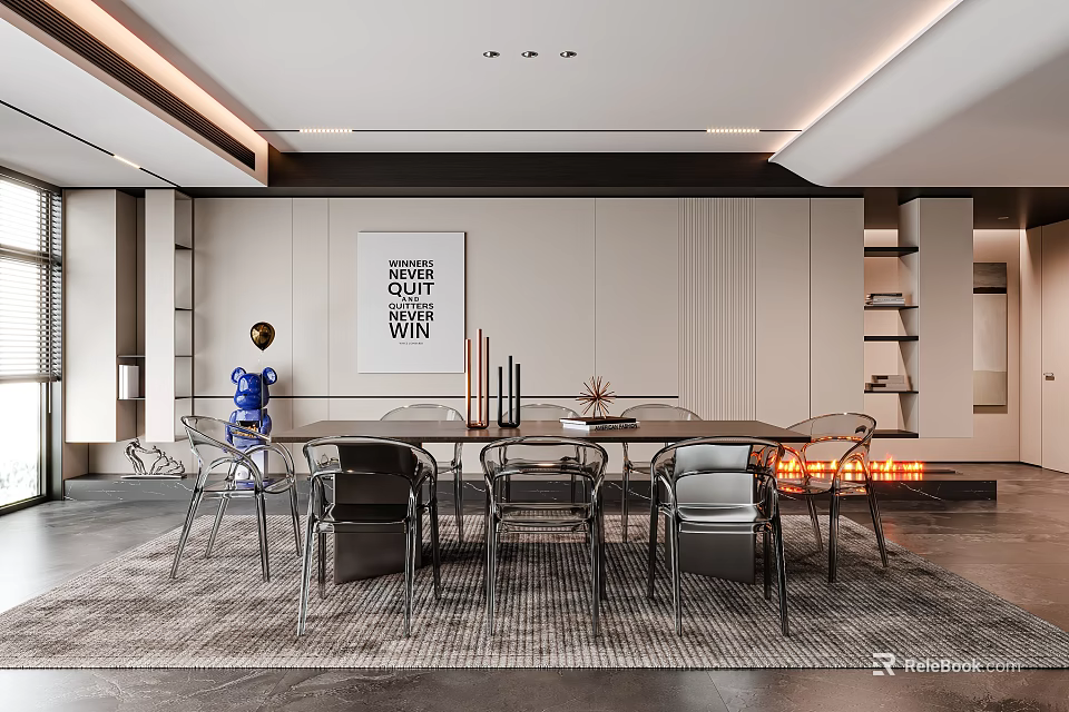 Modern Luxury Restaurant Interior With Dining Table Chairs Pendant Lights Decorative Painting And Area Rug 3d model 