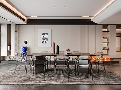 Modern Luxury Restaurant Interior With Dining Table Chairs Pendant Lights Decorative Painting And Area Rug 3d model
