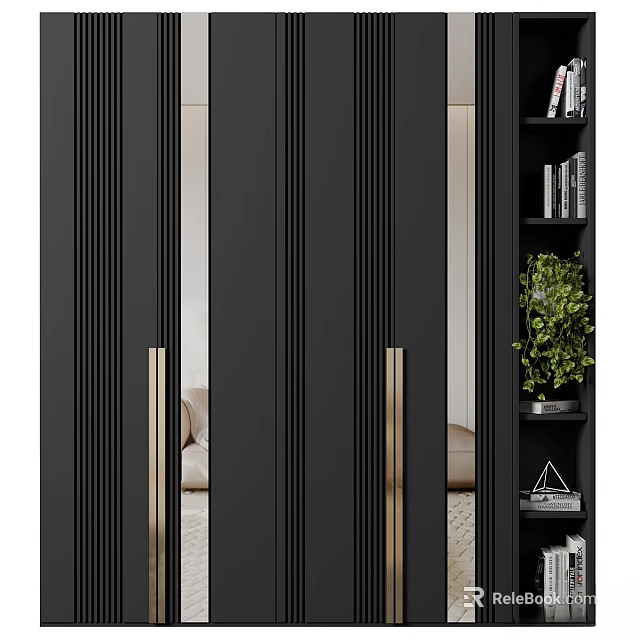 Modern Interior Door With Black Panel Gold Handles And Bookshelf Green Plant 3d model 