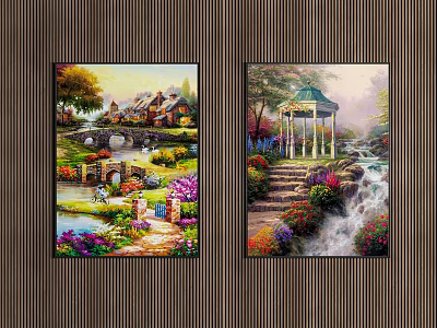 Two Landscape Paintings Featuring Small House Bridge Gazebo Waterfall Stone Steps and Flowers 3d model