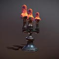 Three Candles On Dark Metal Candle Holder With Melted Wax Dripping