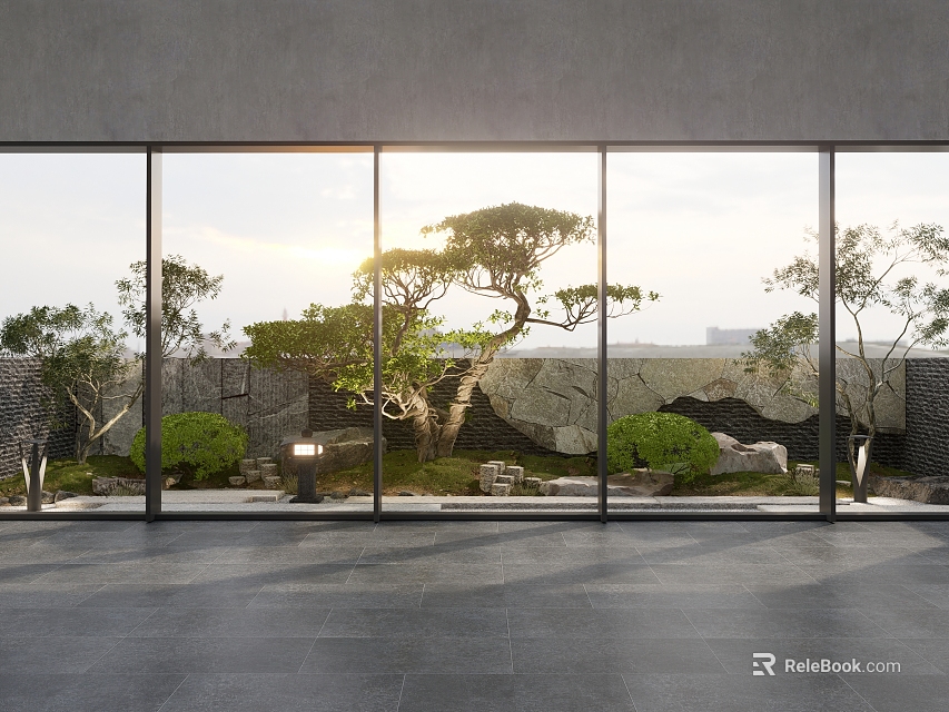 Modern Courtyard Garden Featuring Glass Windows Pine Tree Stones And Slate Floor Lighting 3d model 