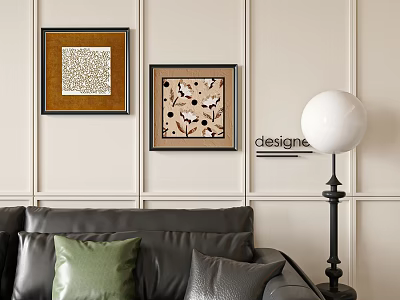 Abstract Paintings Hanging On Living Room Wall With Sofa Pillows And Floor Lamp 3d model