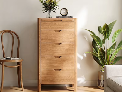Wooden Entryway Side Cabinet With Drawers And Decorative Plant Clock Next To Chair 3d model