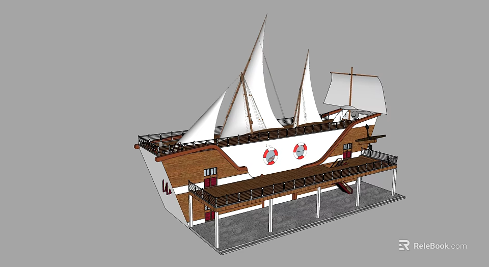Vintage Wooden Ship Model With White Sails Red Emblems Deck And Stairs 3d model 