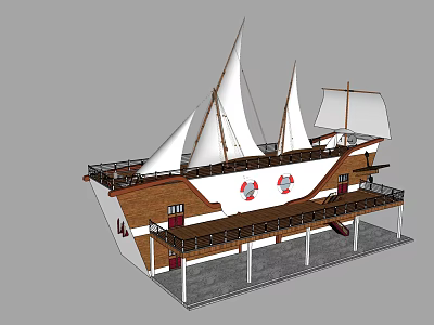 Vintage Wooden Ship Model With White Sails Red Emblems Deck And Stairs 3d model