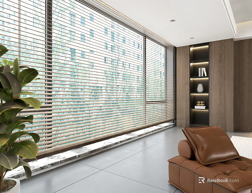 Modern Living Room With Large Window Blinds And Sofa 3d model 