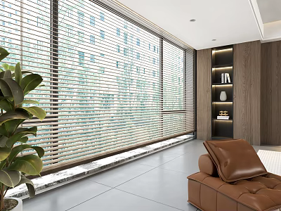 Modern Living Room With Large Window Blinds And Sofa 3d model