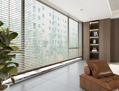 Modern Living Room With Large Window Blinds And Sofa 3d model