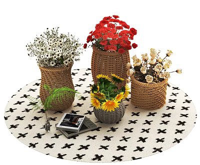 Wicker Vases With Mixed Flowers On Round Rug With Black Patterns And Picture Frame 3d model