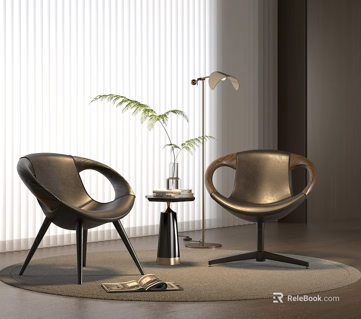 Modern Brown Leather Chairs And Round Table With Floor Lamp Green Plant And Window Blinds 3d model 