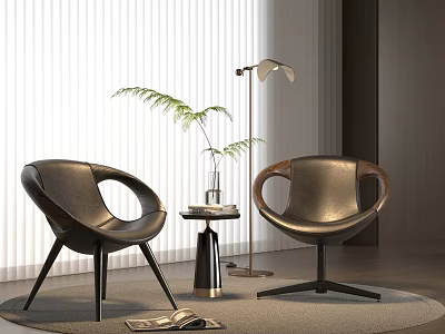 Modern Brown Leather Chairs And Round Table With Floor Lamp Green Plant And Window Blinds 3d model