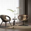 Modern Brown Leather Chairs And Round Table With Floor Lamp Green Plant And Window Blinds