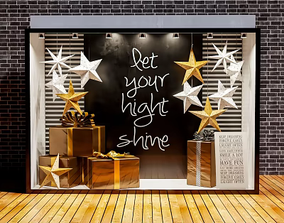 Charming Shop Window Display With Gold And White Stars Gift Boxes And Golden Bows 3d model
