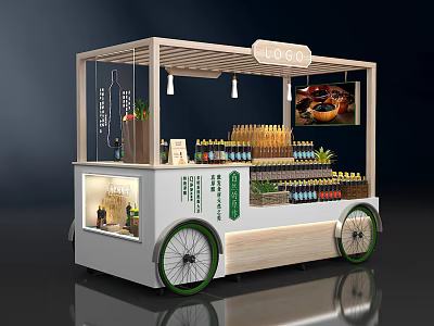 Mobile Food Cart Featuring Wooden Structure Top Logo And Beverage 3d model