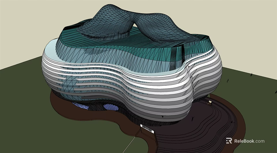 Modern Museum Building With Unique Curved Glass Facade And Wave Shaped Roof 3d model 