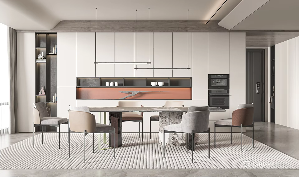 Modern Restaurant Interior With Open Design Dining Table Chairs White Cabinets And Pendant Lights 3d model 