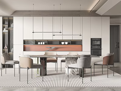 Modern Restaurant Interior With Open Design Dining Table Chairs White Cabinets And Pendant Lights 3d model