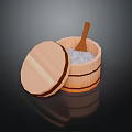 Traditional Wooden Bucket with Open Lid and Wooden Spoon Containing Salt