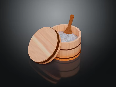 Traditional Wooden Bucket with Open Lid and Wooden Spoon Containing Salt 3d model