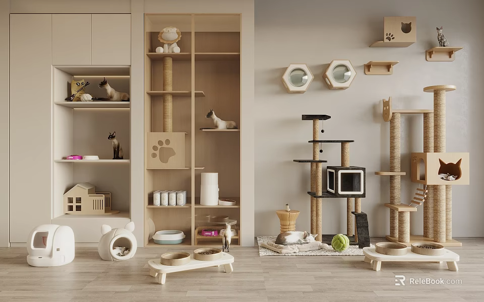 Modern Cat Furniture and Supplies with Wooden Trees Scratching Posts Beds and Bowls 3d model 