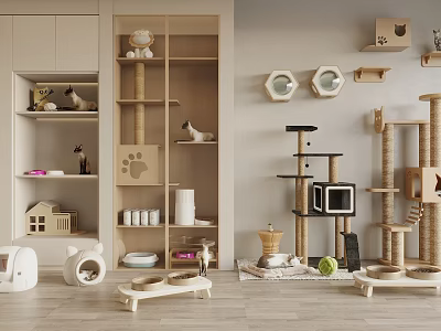 Modern Cat Furniture and Supplies with Wooden Trees Scratching Posts Beds and Bowls 3d model