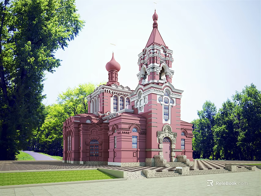 European Architecture with Red Exterior Spire Domes Ornate Windows Surrounded by Green Trees and Lawn 3d model 
